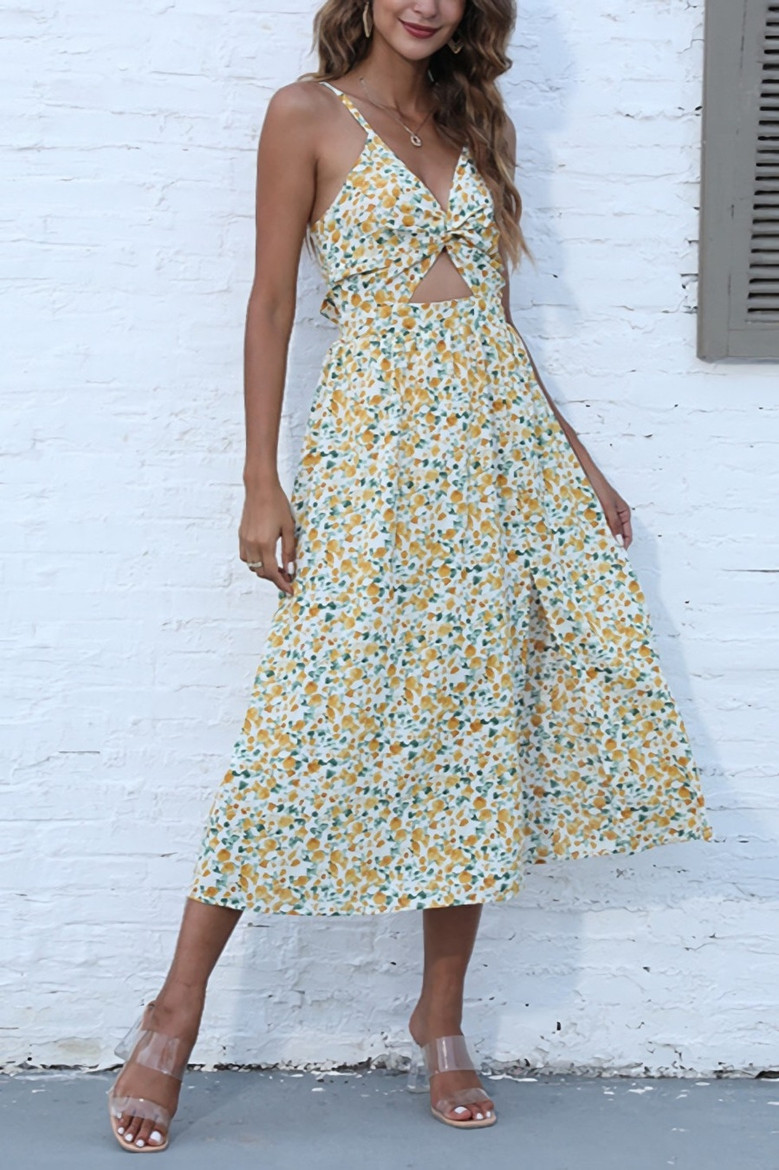 Summer New Floral Printing Micro-Elastic Backless Sling Hollow Out Kink Tied High Split Sexy Vacation Style Midi Dress