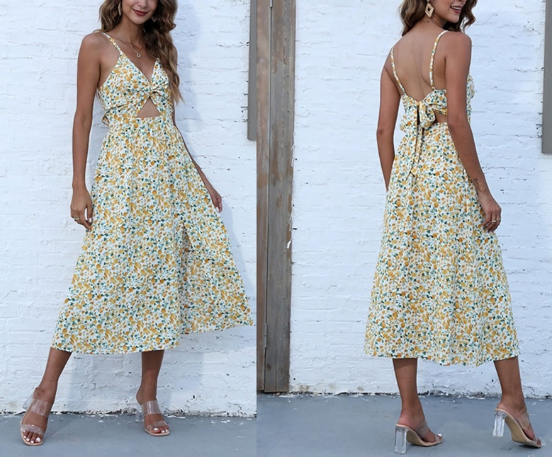 Summer New Floral Printing Micro-Elastic Backless Sling Hollow Out Kink Tied High Split Sexy Vacation Style Midi Dress