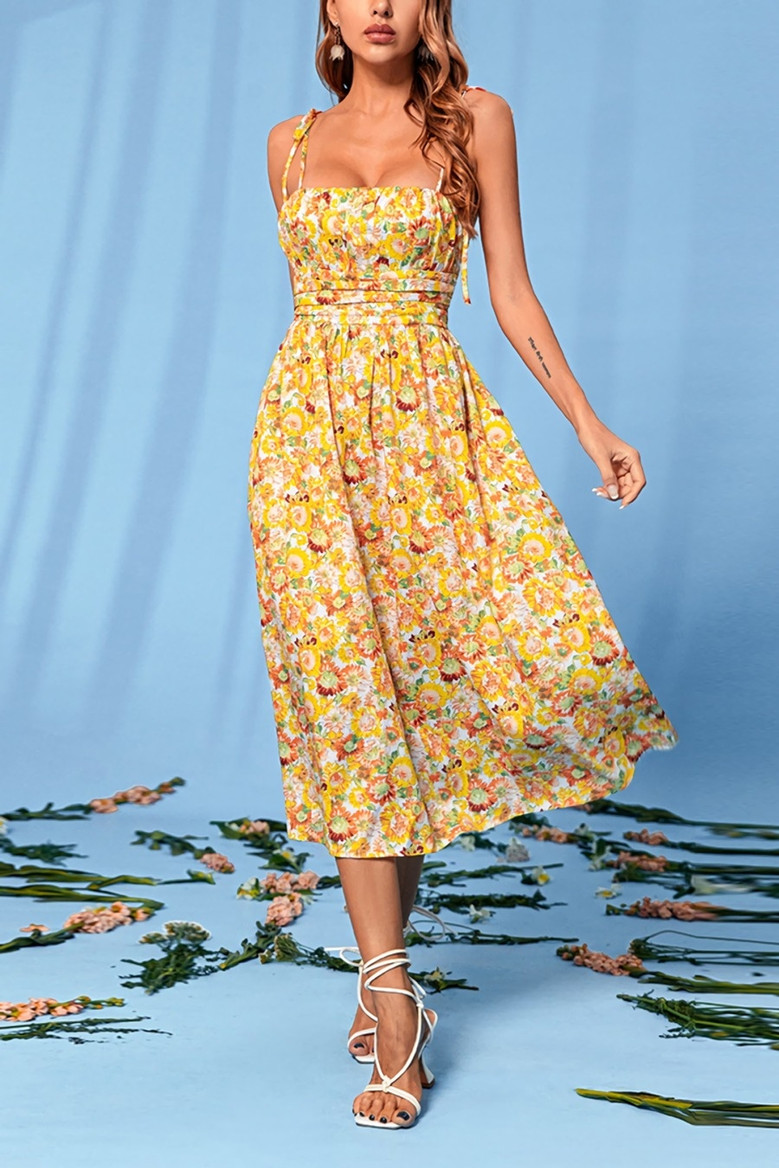 Summer New Floral Printing Micro-Elastic Tie-Shoulder Backless Low-Cut Sexy Vacation Style Midi Dress