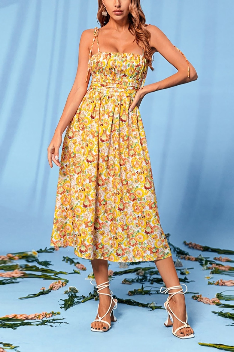 Summer New Floral Printing Micro-Elastic Tie-Shoulder Backless Low-Cut Sexy Vacation Style Midi Dress