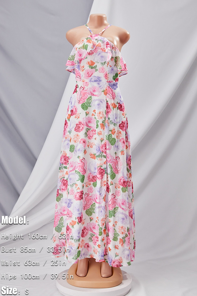 Summer New Flower Batch Printing Double-Layer Design Inelastic Backless Ruffle Sling High Slit Sexy Vacation Style Maxi Dress