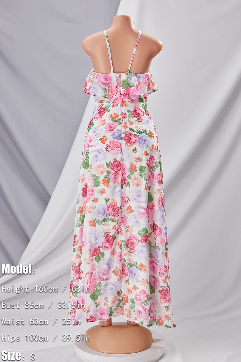 Summer New Flower Batch Printing Double-Layer Design Inelastic Backless Ruffle Sling High Slit Sexy Vacation Style Maxi Dress
