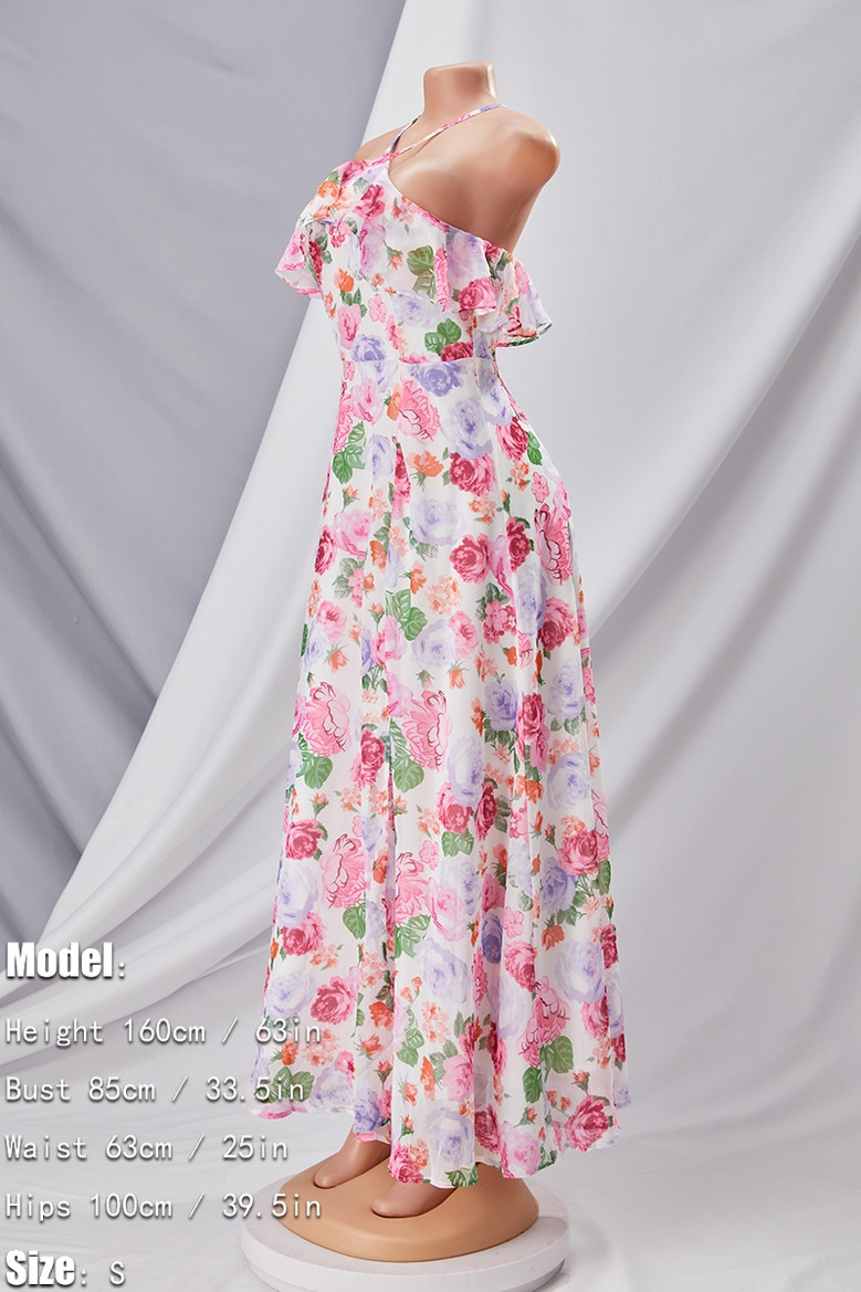 Summer New Flower Batch Printing Double-Layer Design Inelastic Backless Ruffle Sling High Slit Sexy Vacation Style Maxi Dress