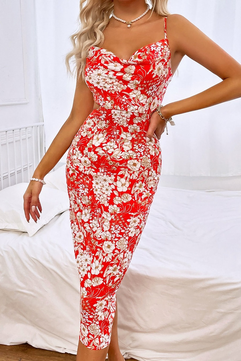 Summer New Flower Batch Printing Inelastic Backless Sling Sexy Midi Dress