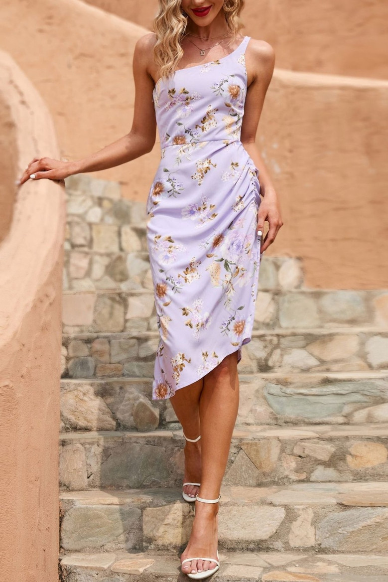Summer New Flower Batch Printing Inelastic One Shoulder Oblique Hem Stylish Vacation Midi Dress