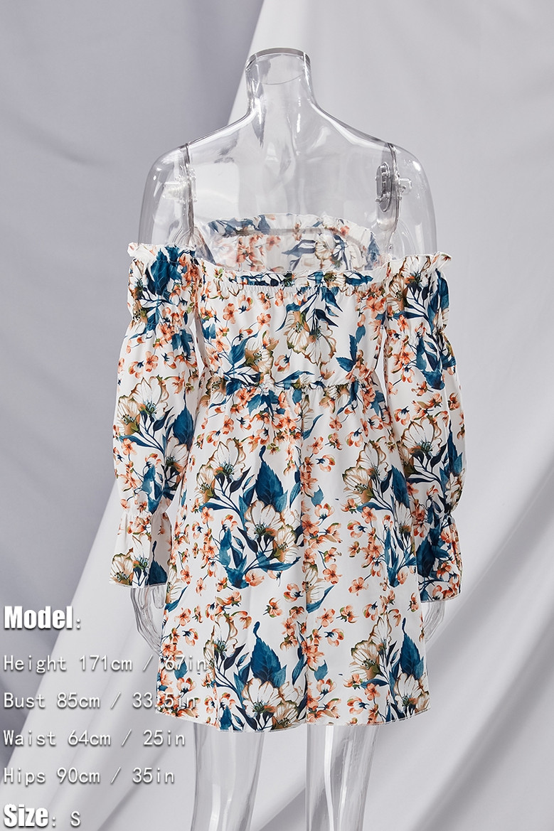 Summer New Flower Batch Printing Long Sleeve Off The Shoulder Chiffon Mini Dress