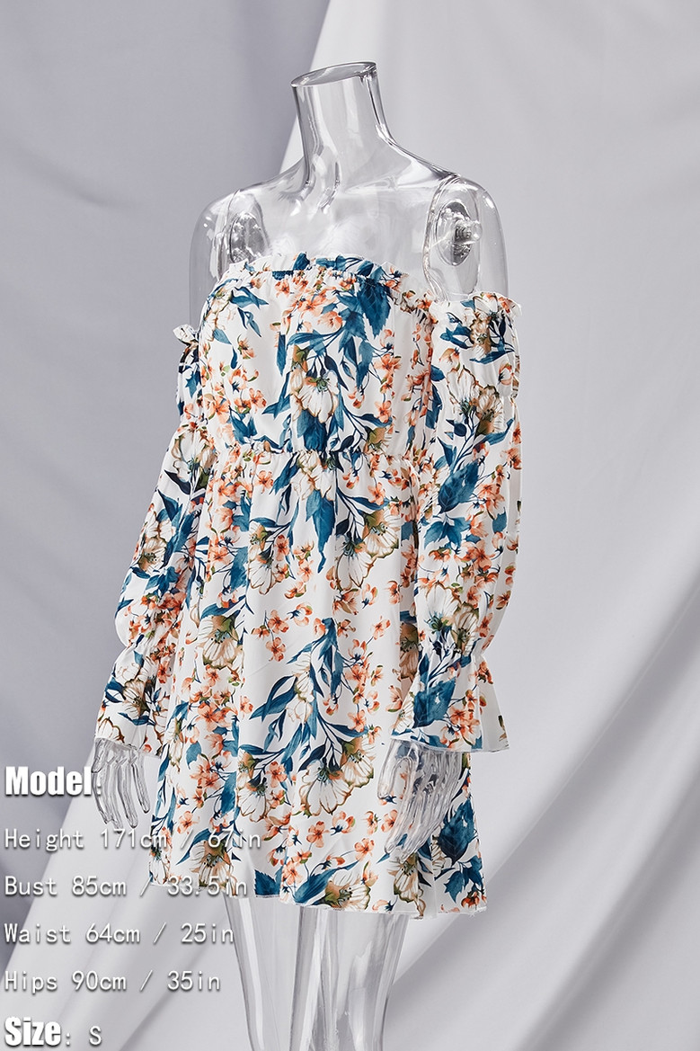 Summer New Flower Batch Printing Long Sleeve Off The Shoulder Chiffon Mini Dress