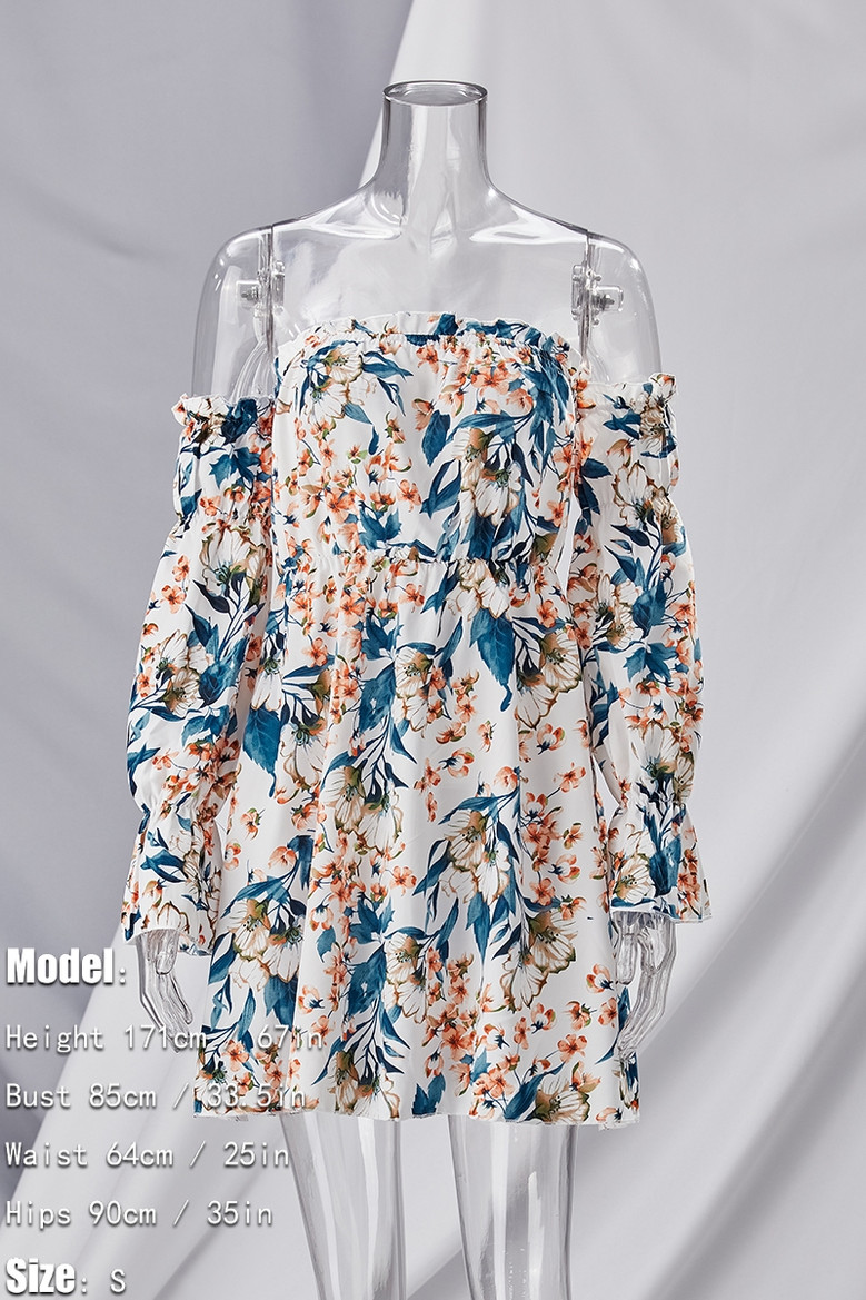 Summer New Flower Batch Printing Long Sleeve Off The Shoulder Chiffon Mini Dress