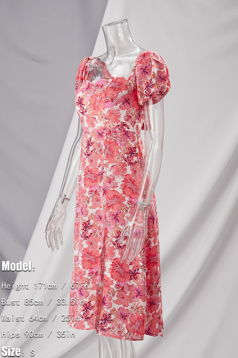 Summer New Flower Batch Printing Micro-Elastic Square-Neck Backless Tied High Split Sexy Vacation Style Midi Dress