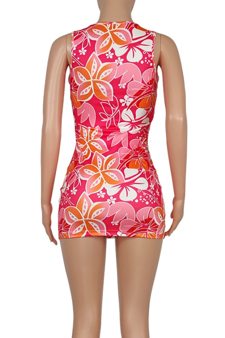 Summer New Flower Batch Printing Stretch Sexy Bodycon Mini Dress