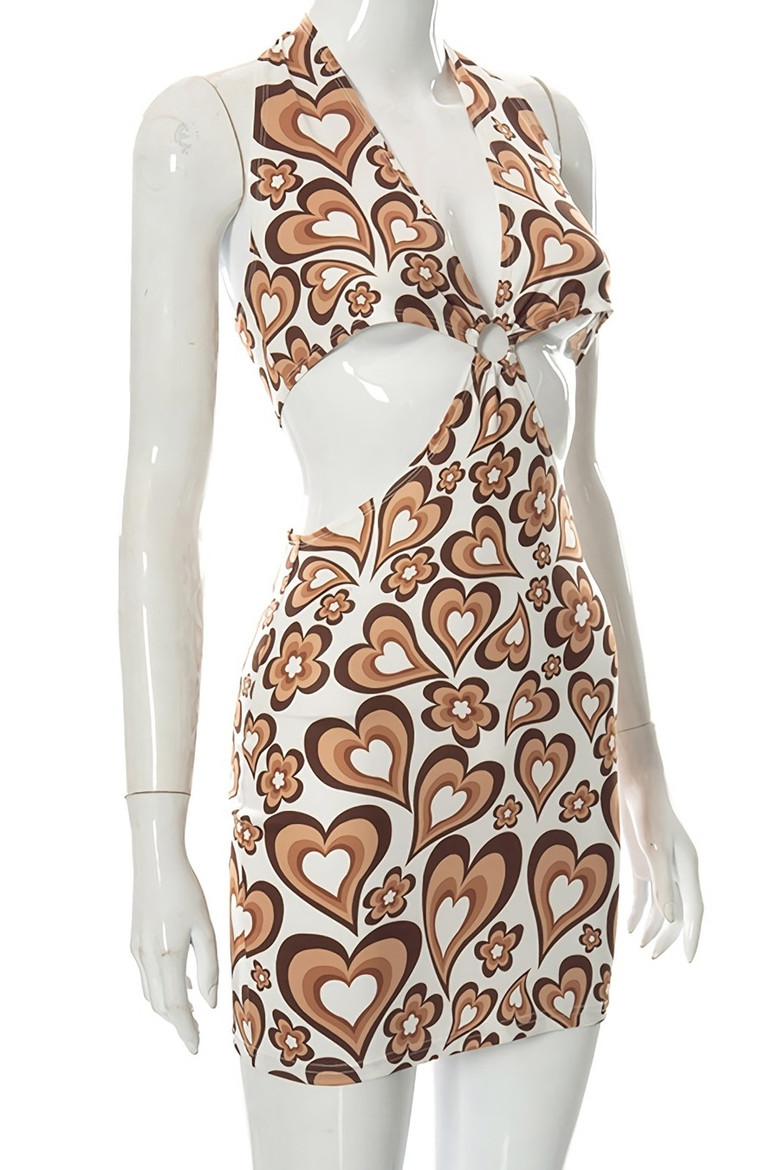 Summer New Heart And Flower Batch Printing Halter-Neck Lace-Up Hollow Metal Ring Connected Sexy Backless Mini Dress