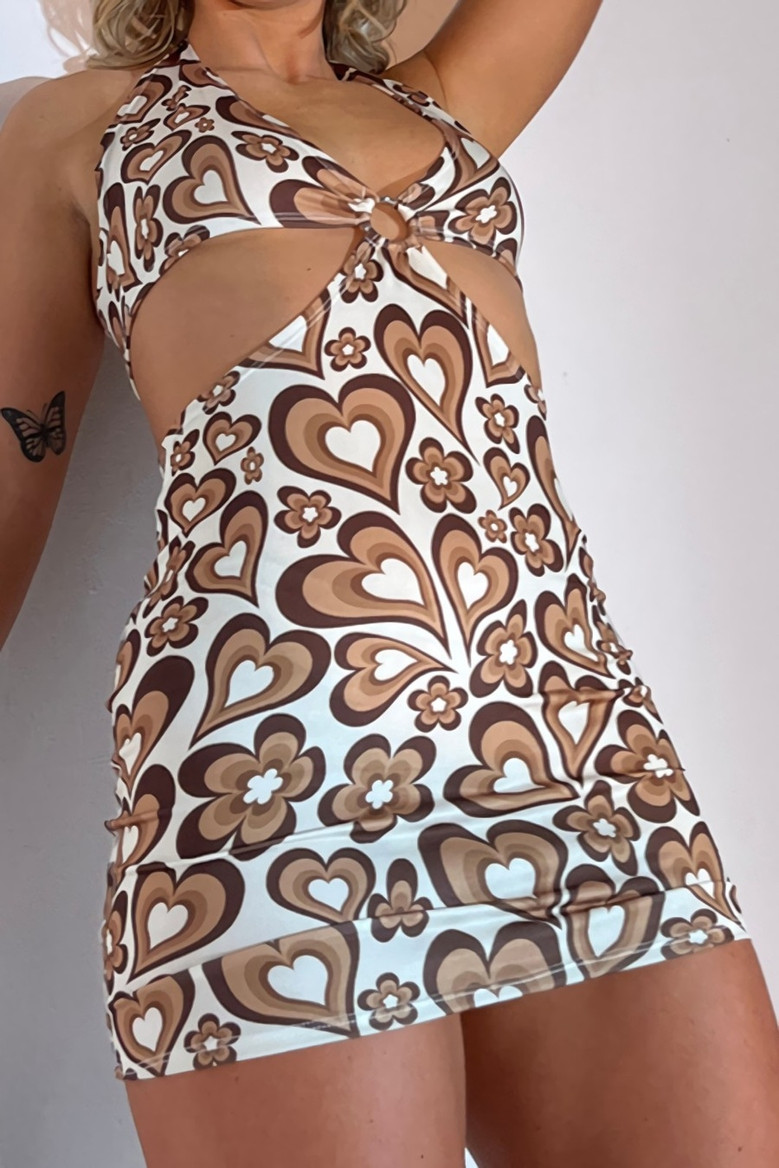 Summer New Heart And Flower Batch Printing Halter-Neck Lace-Up Hollow Metal Ring Connected Sexy Backless Mini Dress