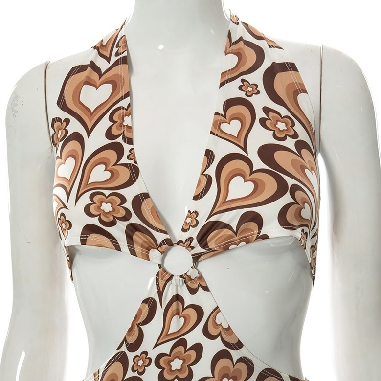 Summer New Heart And Flower Batch Printing Halter-Neck Lace-Up Hollow Metal Ring Connected Sexy Backless Mini Dress