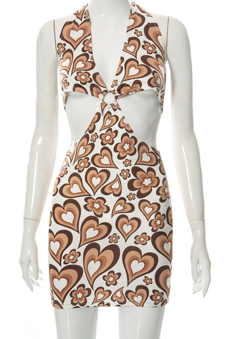 Summer New Heart And Flower Batch Printing Halter-Neck Lace-Up Hollow Metal Ring Connected Sexy Backless Mini Dress