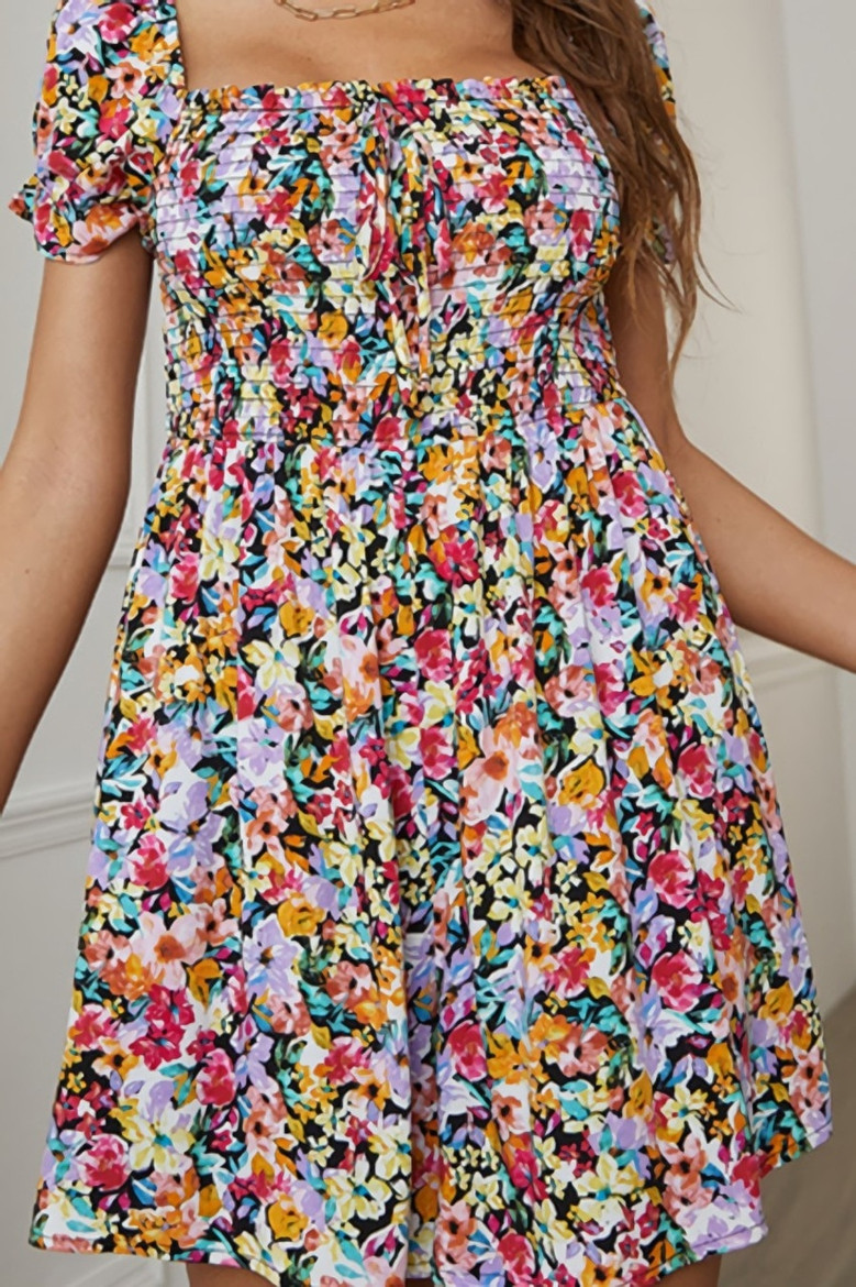 Summer New Holiday Style Chiffon Floral Batch Printing Puff Sleeves Backless Stretch Sexy Mini Dress