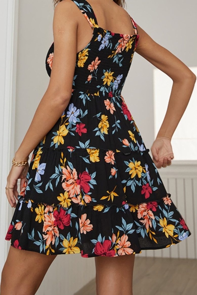 Summer New Holiday Style Floral Batch Printing Sling Backless Stretch Sexy Mini Dress