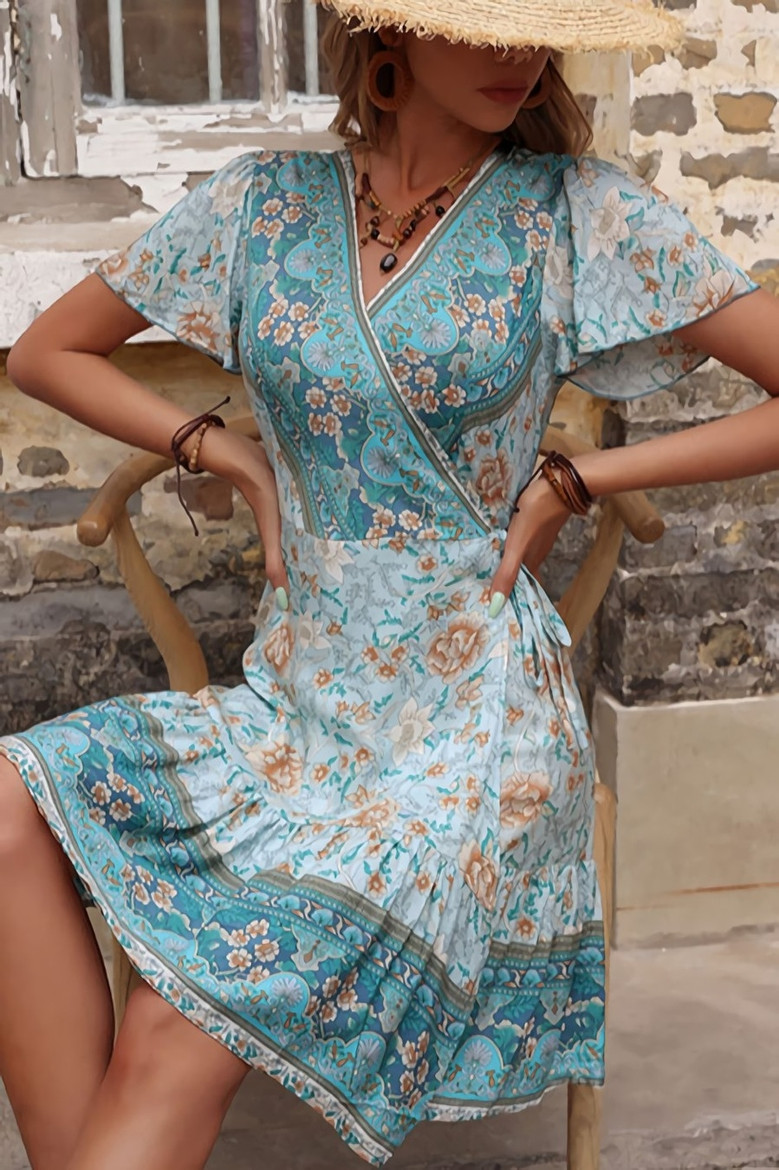 Summer New Inelastic Flower Printing V-Neck Short Sleeves Casual Mini Dress