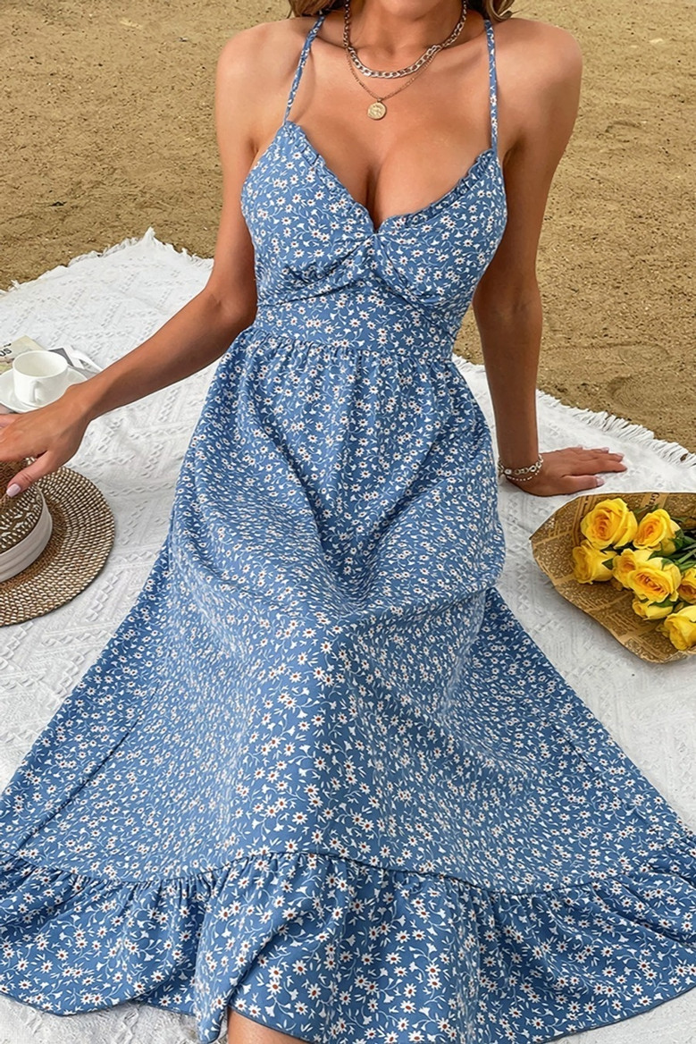 Summer New Micro Elastic Floral Batch Printing Sling Backless Lace-Up Low-Cut Sexy Midi Dress