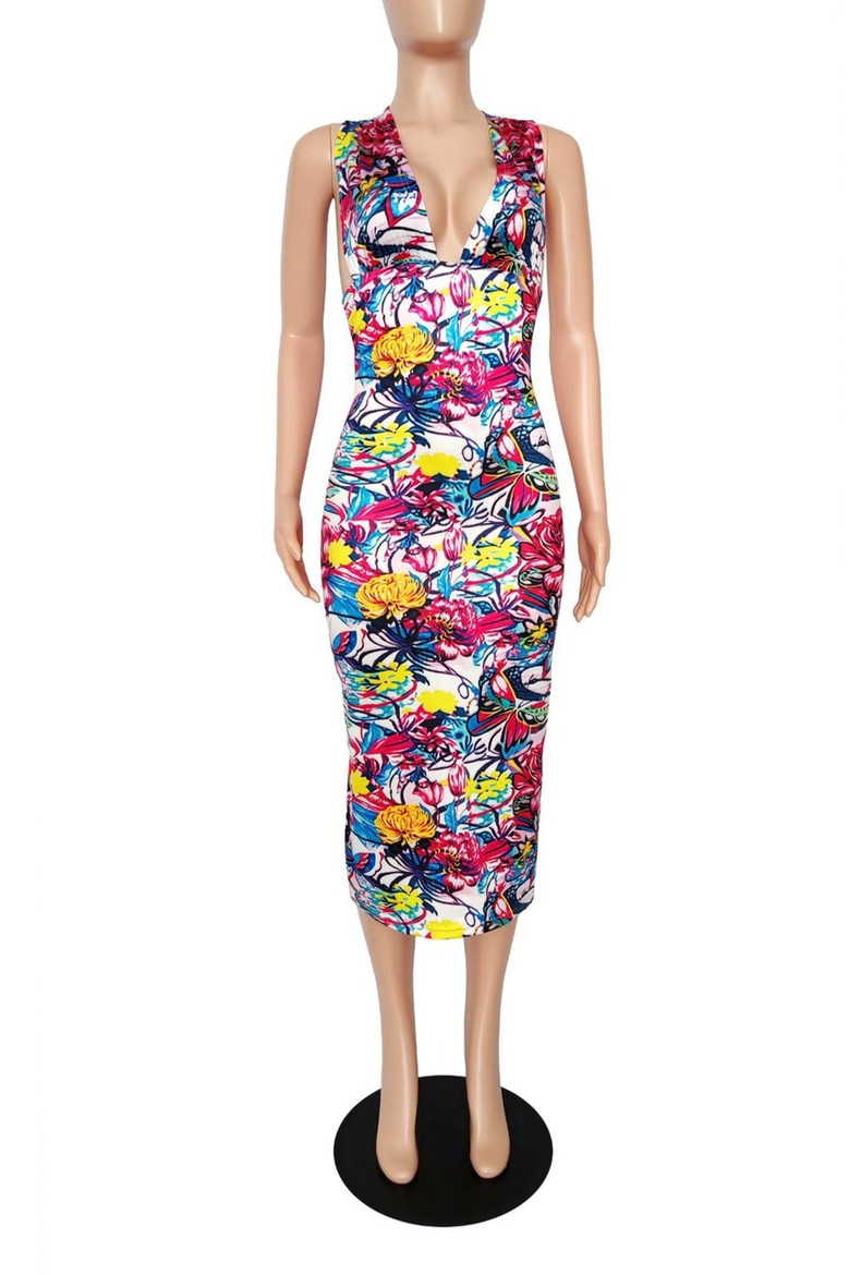 Summer New Multicolor Batch Printing Stretch Deep V Sexy Bodycon Midi Dress