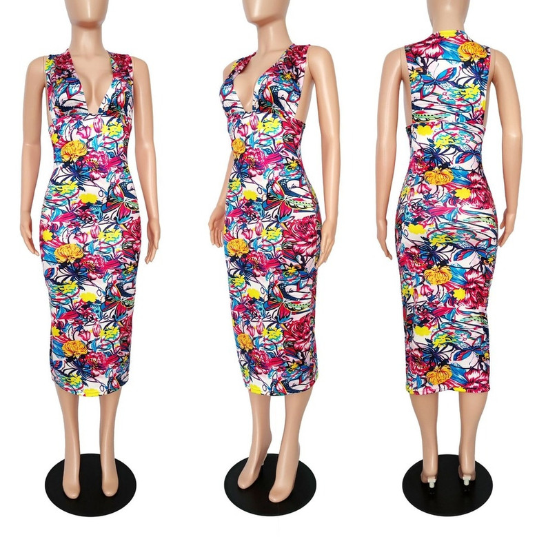 Summer New Multicolor Batch Printing Stretch Deep V Sexy Bodycon Midi Dress