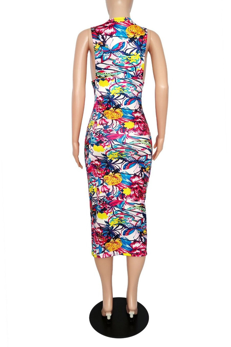 Summer New Multicolor Batch Printing Stretch Deep V Sexy Bodycon Midi Dress