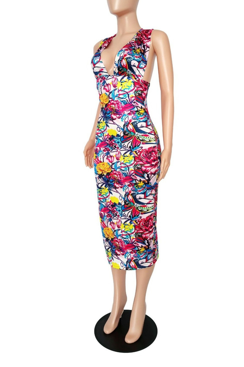 Summer New Multicolor Batch Printing Stretch Deep V Sexy Bodycon Midi Dress