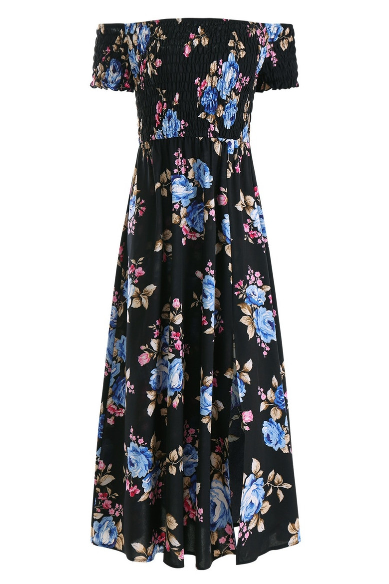 Summer New Off The Shoulder Flower Batch Printing Stretch Slit Midi Dress #1#