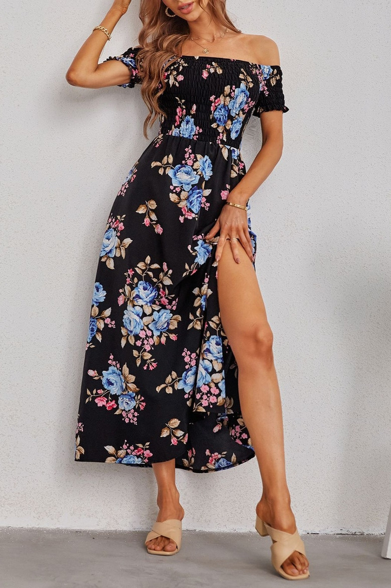 Summer New Off The Shoulder Flower Batch Printing Stretch Slit Midi Dress #1#