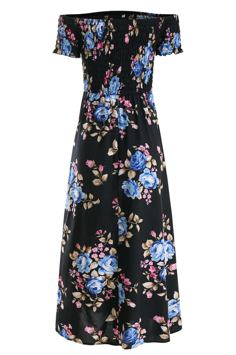 Summer New Off The Shoulder Flower Batch Printing Stretch Slit Midi Dress #1#