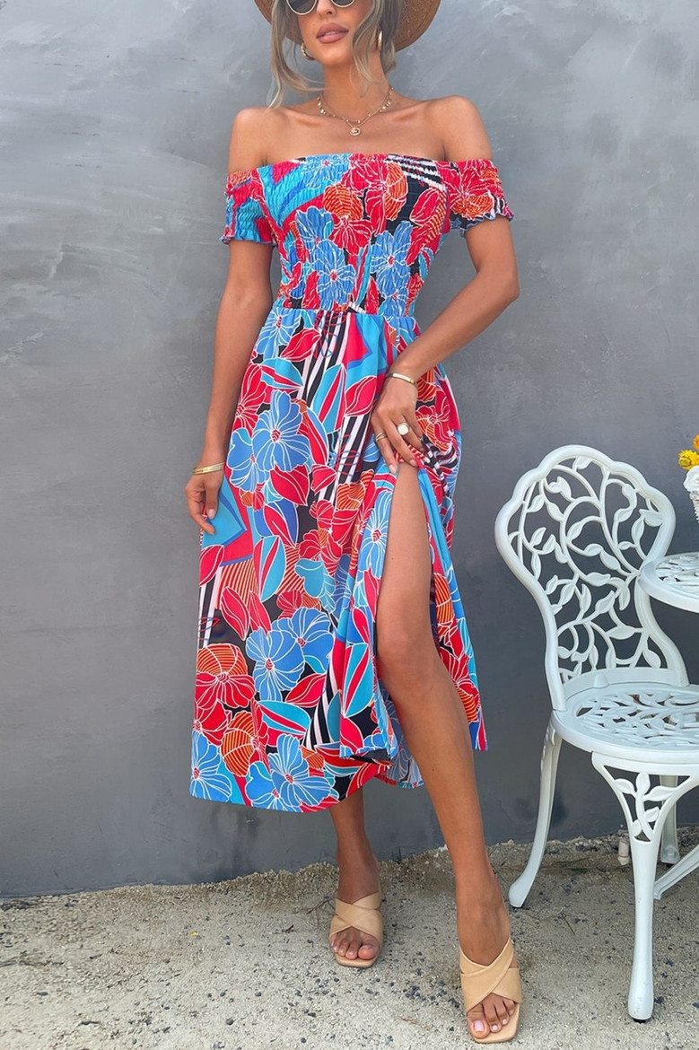 Summer New Off The Shoulder Flower Batch Printing Stretch Slit Midi Dress #2#