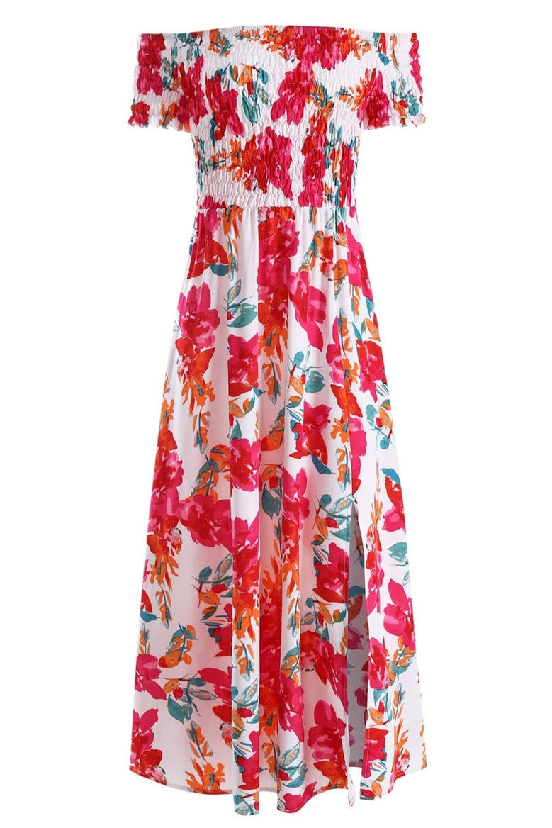 Summer New Off The Shoulder Flower Batch Printing Stretch Slit Midi Dress