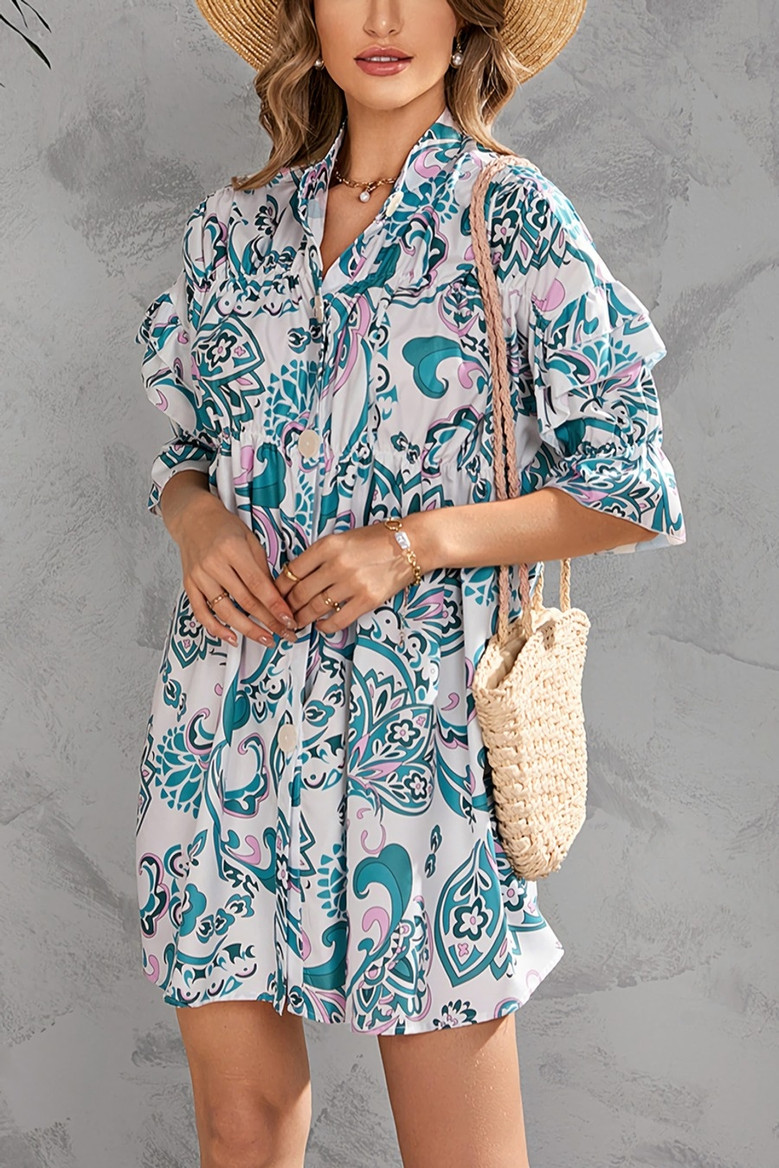 Summer New Plus Size 2 Colors Floral Batch Printing Stretch V-Neck Single Breasted Ruffle Smocked Stylish Retro Mini Dress