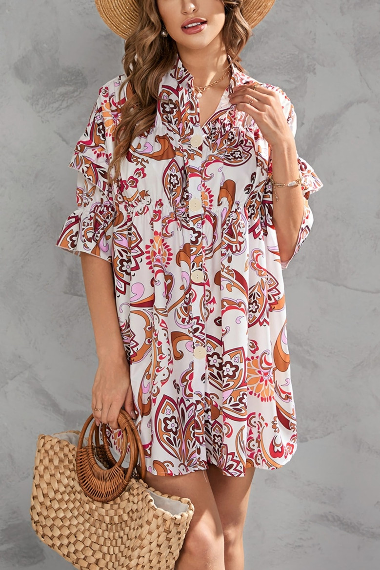 Summer New Plus Size 2 Colors Floral Batch Printing Stretch V-Neck Single Breasted Ruffle Smocked Stylish Retro Mini Dress