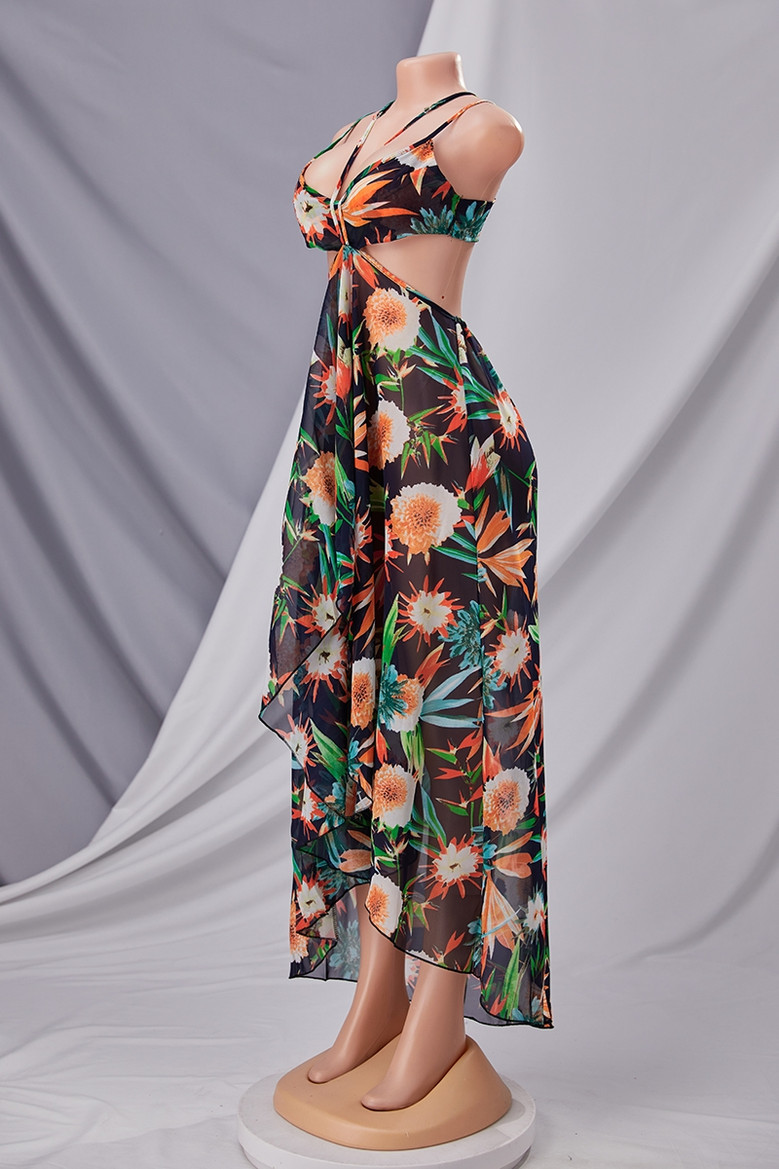 Summer New Plus Size Batch Printing Micro Elastic Sling Hollow Split Irregular Stylish Sexy Maxi Dress