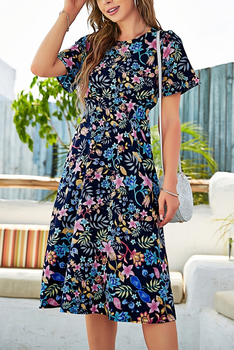 Summer New Plus Size Chiffon Floral Batch Printing Micro-Elastic Crew Neck Short Sleeve Hollow Shirring Swing Stylish Holiday Midi Dress
