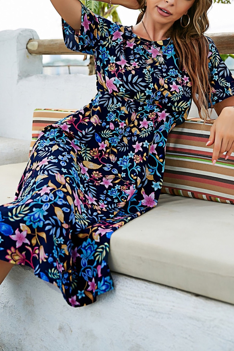 Summer New Plus Size Chiffon Floral Batch Printing Micro-Elastic Crew Neck Short Sleeve Hollow Shirring Swing Stylish Holiday Midi Dress