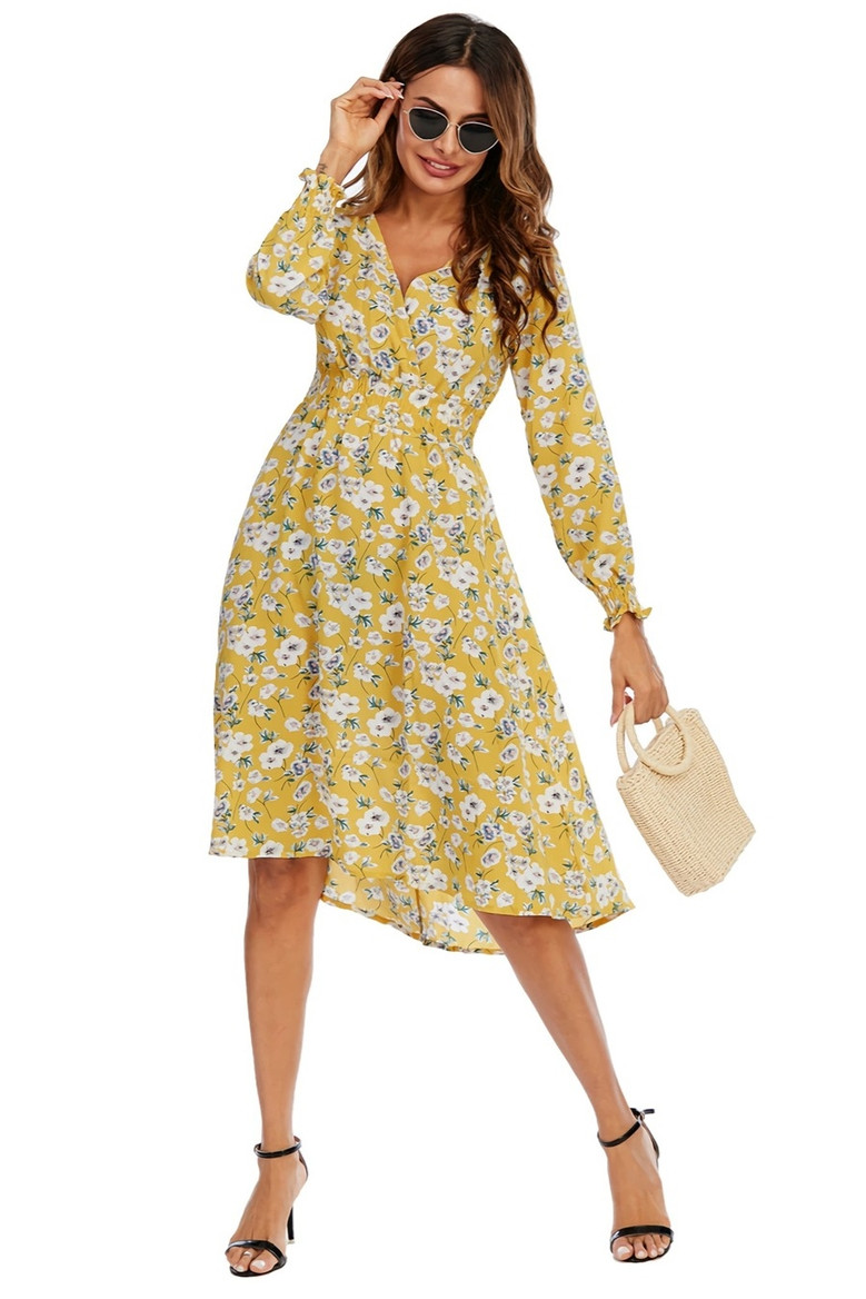 Summer New Plus Size Floral Batch Printing Inelastic Long Sleeves V-Neck Stylish Casual Midi Dress