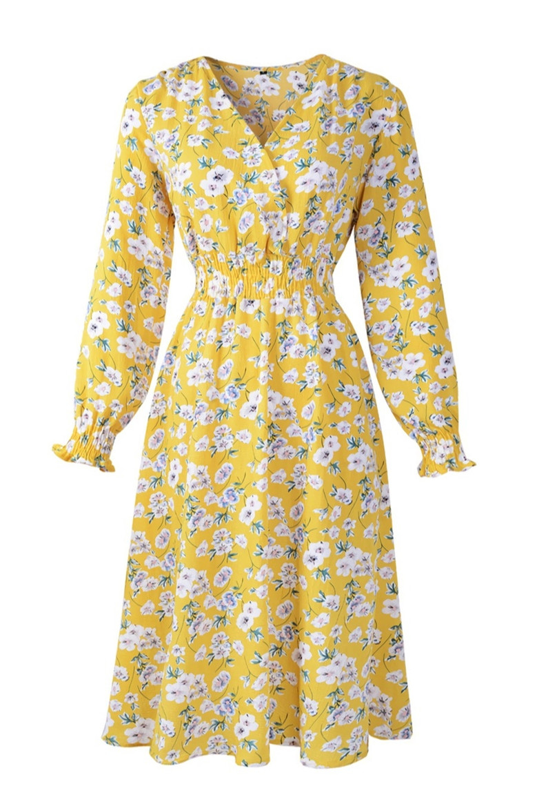 Summer New Plus Size Floral Batch Printing Inelastic Long Sleeves V-Neck Stylish Casual Midi Dress