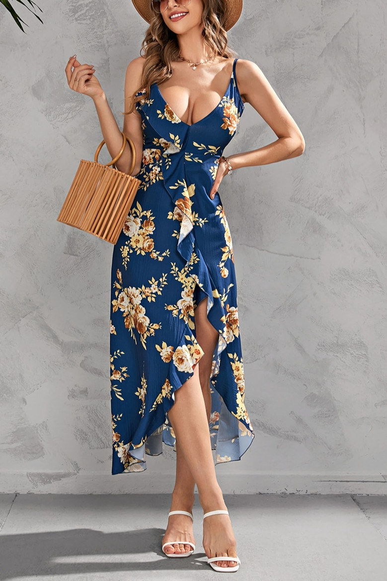 Summer New Plus Size Floral Batch Printing Inelastic Ruffle High Slit Lace Up Irregular Stylish Sexy Spaghetti String Midi Dress