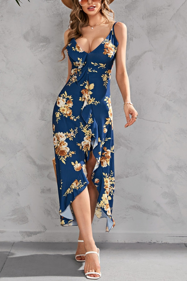 Summer New Plus Size Floral Batch Printing Inelastic Ruffle High Slit Lace Up Irregular Stylish Sexy Spaghetti String Midi Dress