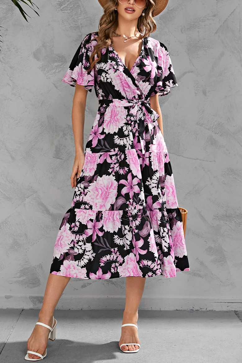 Summer New Plus Size Floral Batch Printing Inelastic V Neck Cross Design Tie-Waist Ruffle Swing Stylish Holiday Midi Dress(With Belt)