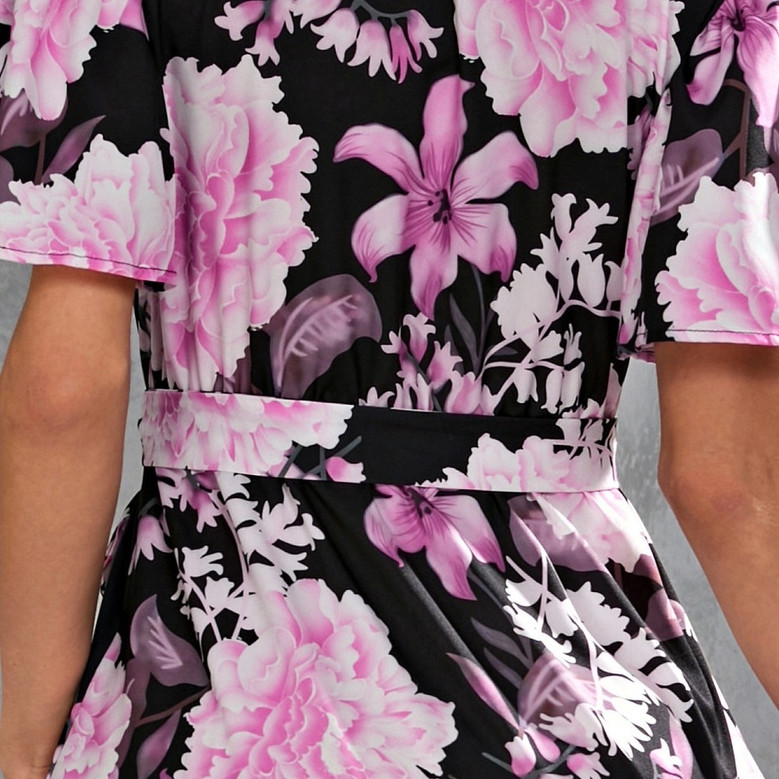 Summer New Plus Size Floral Batch Printing Inelastic V Neck Cross Design Tie-Waist Ruffle Swing Stylish Holiday Midi Dress(With Belt)