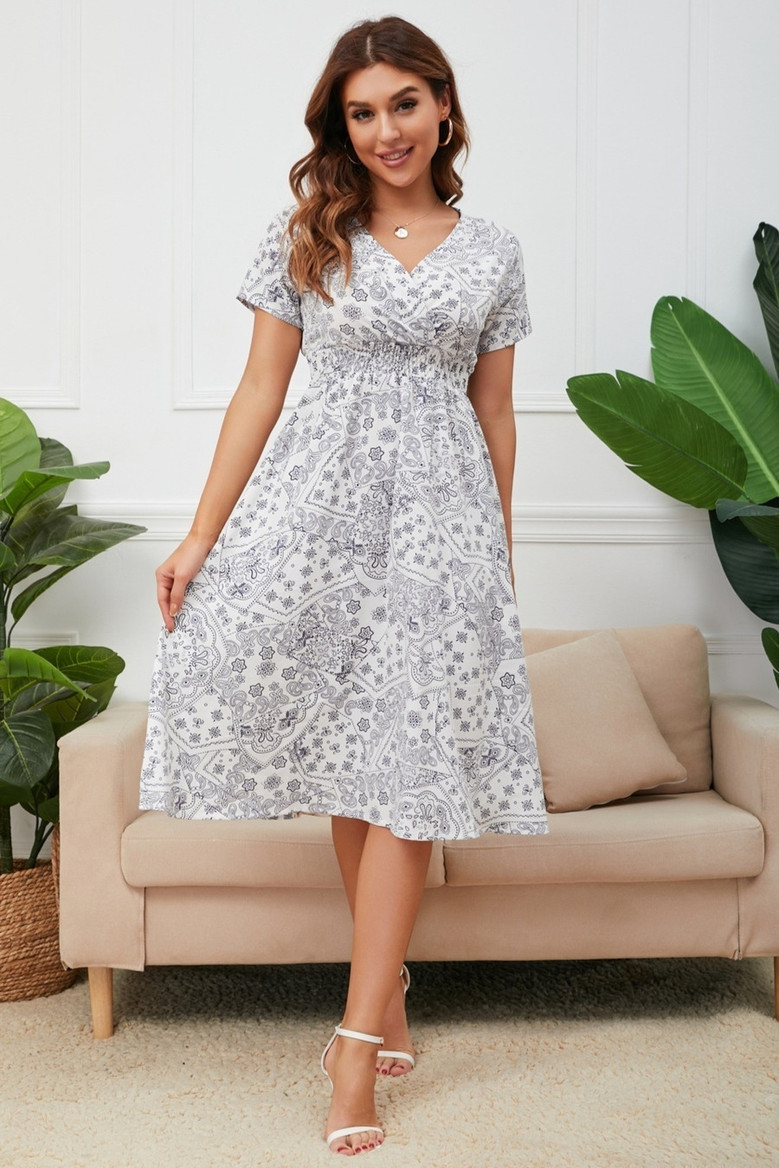 Summer New Plus Size Floral Batch Printing Inelastic V-Neck Short Sleeves Casual Midi Dress