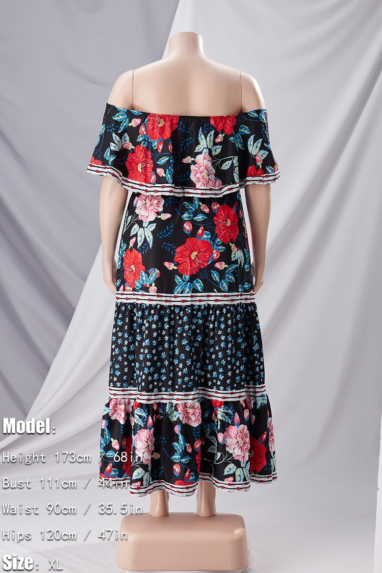 Summer New Plus Size Floral Batch Printing Micro-Elastic Off Shoulder Ruffle Shirring Swing Stylish Holiday Maxi Dress