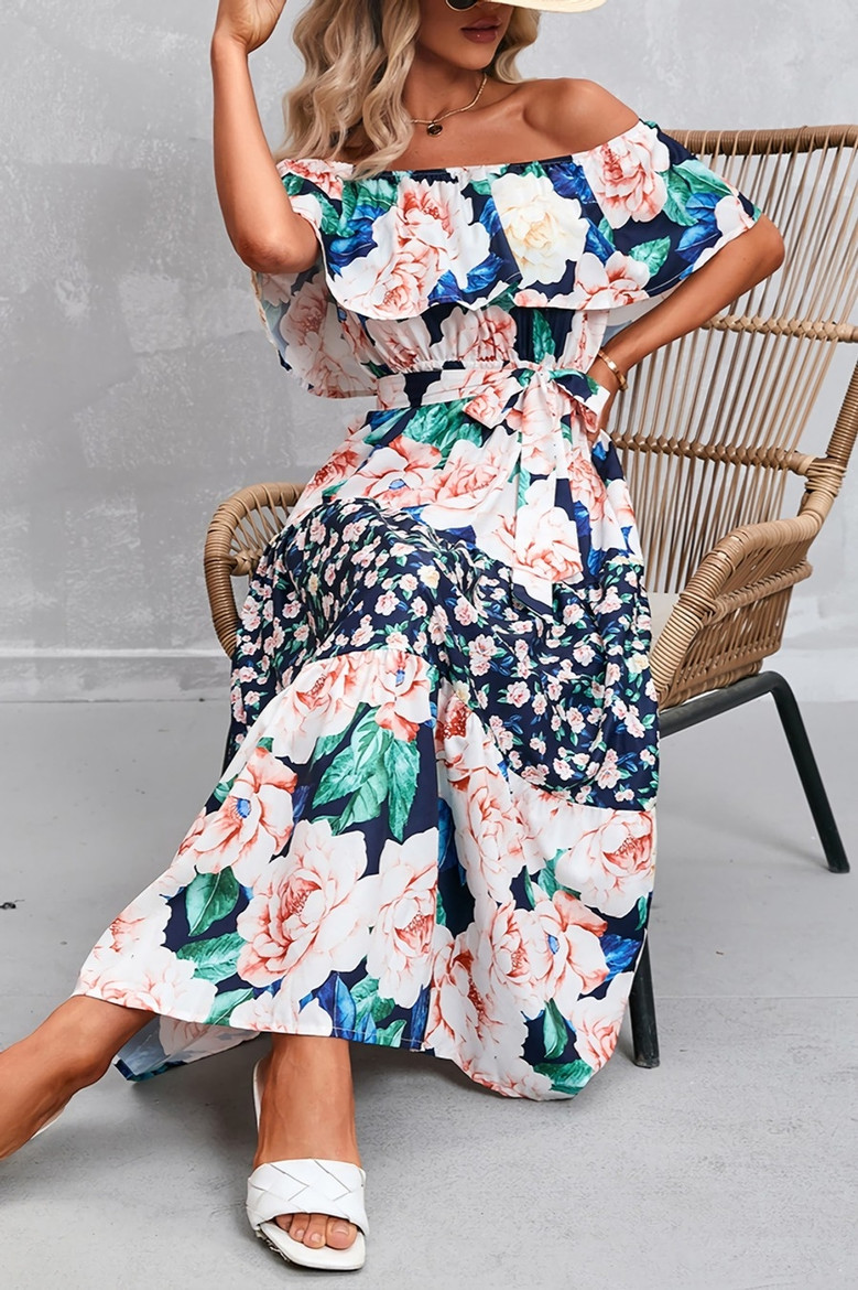 Summer New Plus Size Floral Batch Printing Off Shoulder Ruffle Tie-Waist Shirring Swing Stylish Retro Maxi Dress(With Belt)