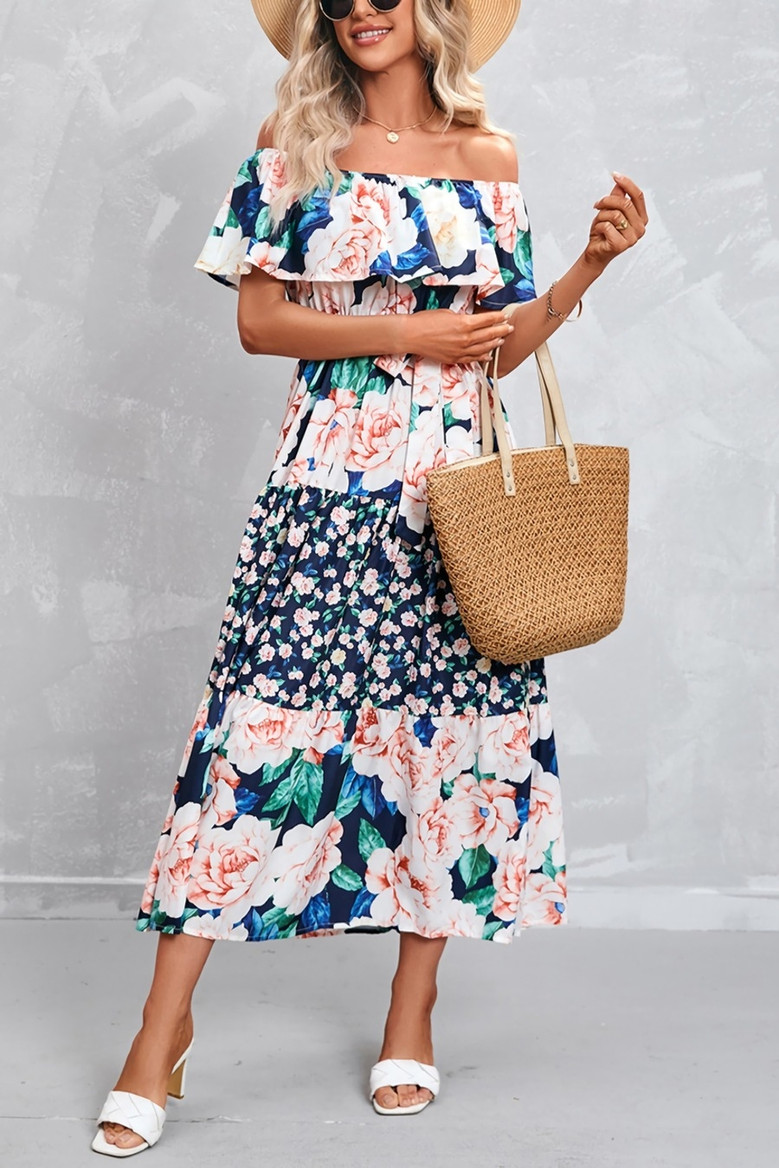 Summer New Plus Size Floral Batch Printing Off Shoulder Ruffle Tie-Waist Shirring Swing Stylish Retro Maxi Dress(With Belt)