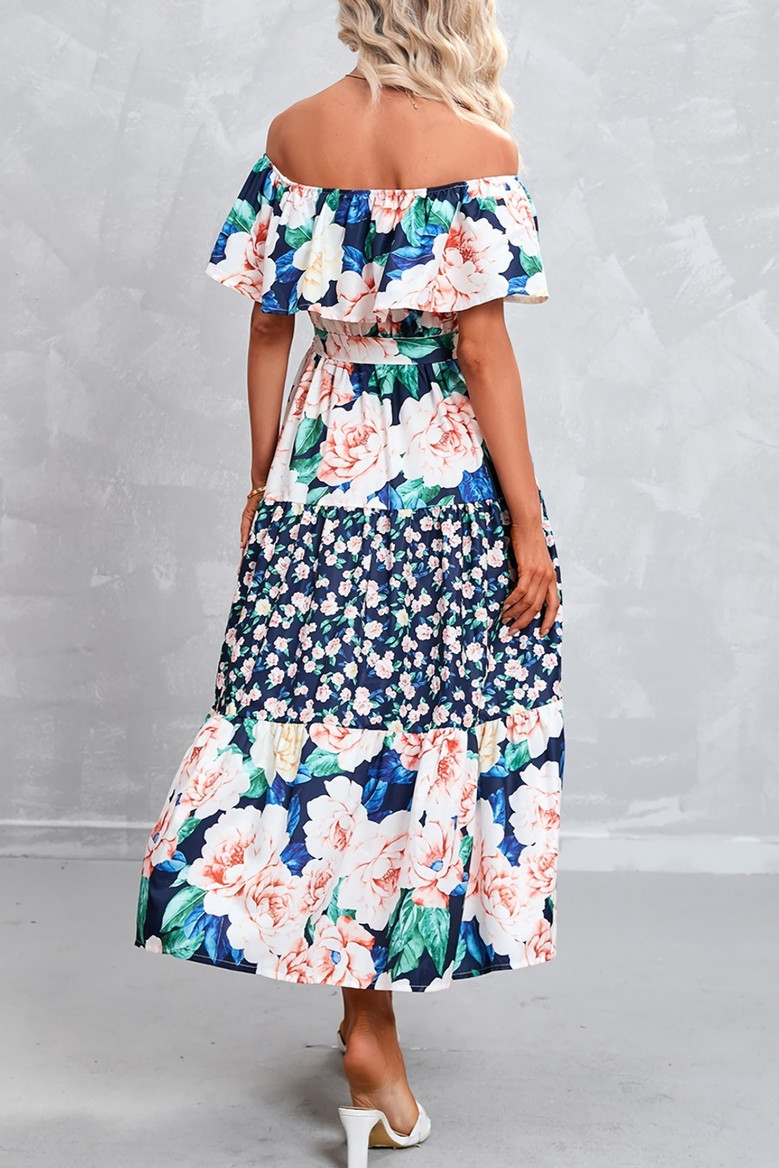 Summer New Plus Size Floral Batch Printing Off Shoulder Ruffle Tie-Waist Shirring Swing Stylish Retro Maxi Dress(With Belt)