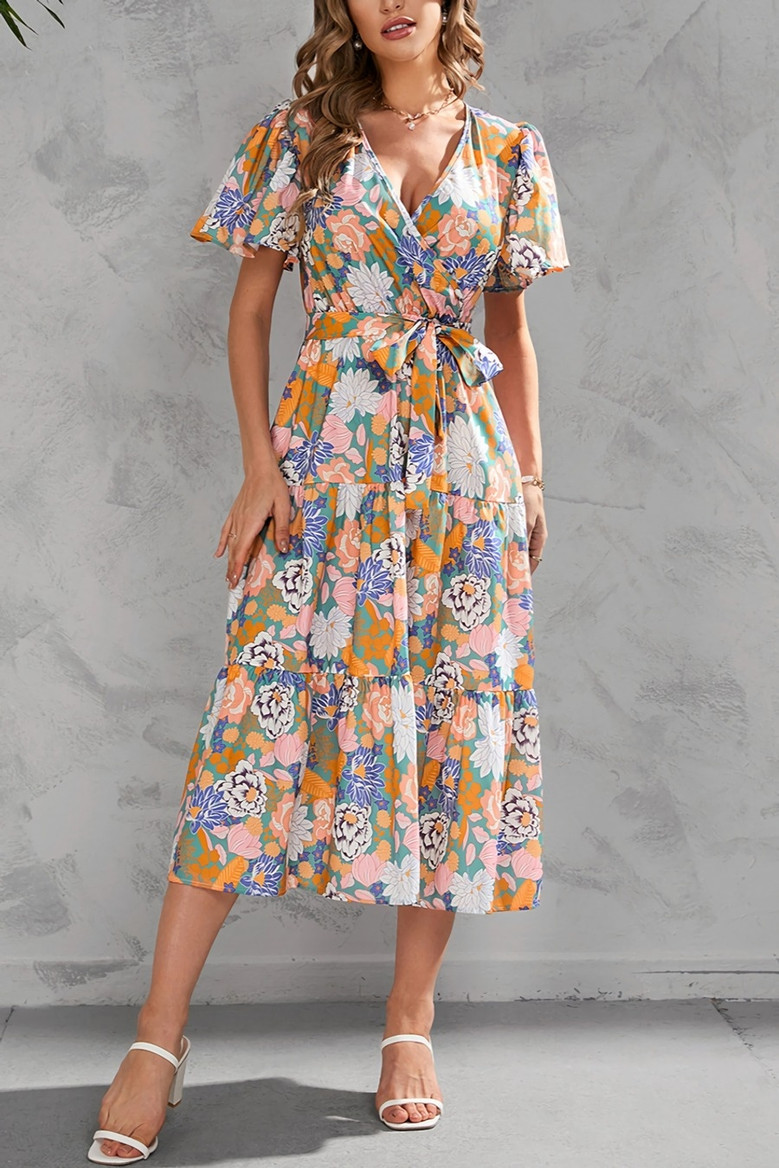 Summer New Plus Size Floral Batch Printing V Neck Ruffle Tie-Waist Swing Stylish Holiday Midi Dress(With Belt)