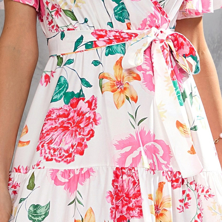 Summer New Plus Size Floral Batch Printing V-Neck Tie-Waist Ruffle Shirring Swing Stylish Retro Midi Dress(With Belt)