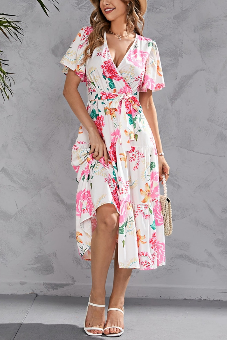 Summer New Plus Size Floral Batch Printing V-Neck Tie-Waist Ruffle Shirring Swing Stylish Retro Midi Dress(With Belt)
